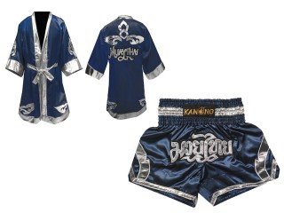 Custom Boxing Robe + Muay Thai Shorts  : Set-144-Navy