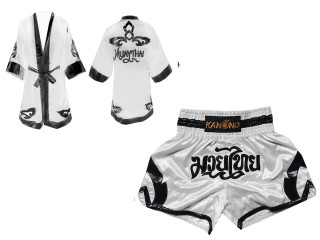 Custom Boxing Robe + Muay Thai Shorts  : Set-144-White